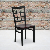 Flash Furniture Hercules Series Black Window Back Metal Restaurant Chair with Mahogany Wood Seat XU-DG6Q3BWIN-MAHW-GG